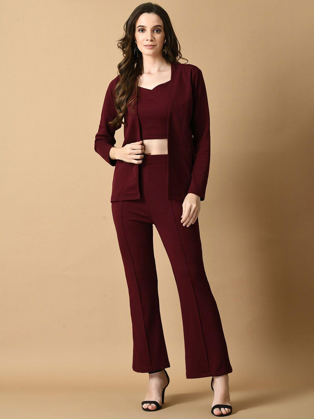 dressberry sweetheart neck cropped top & front open coat with trousers