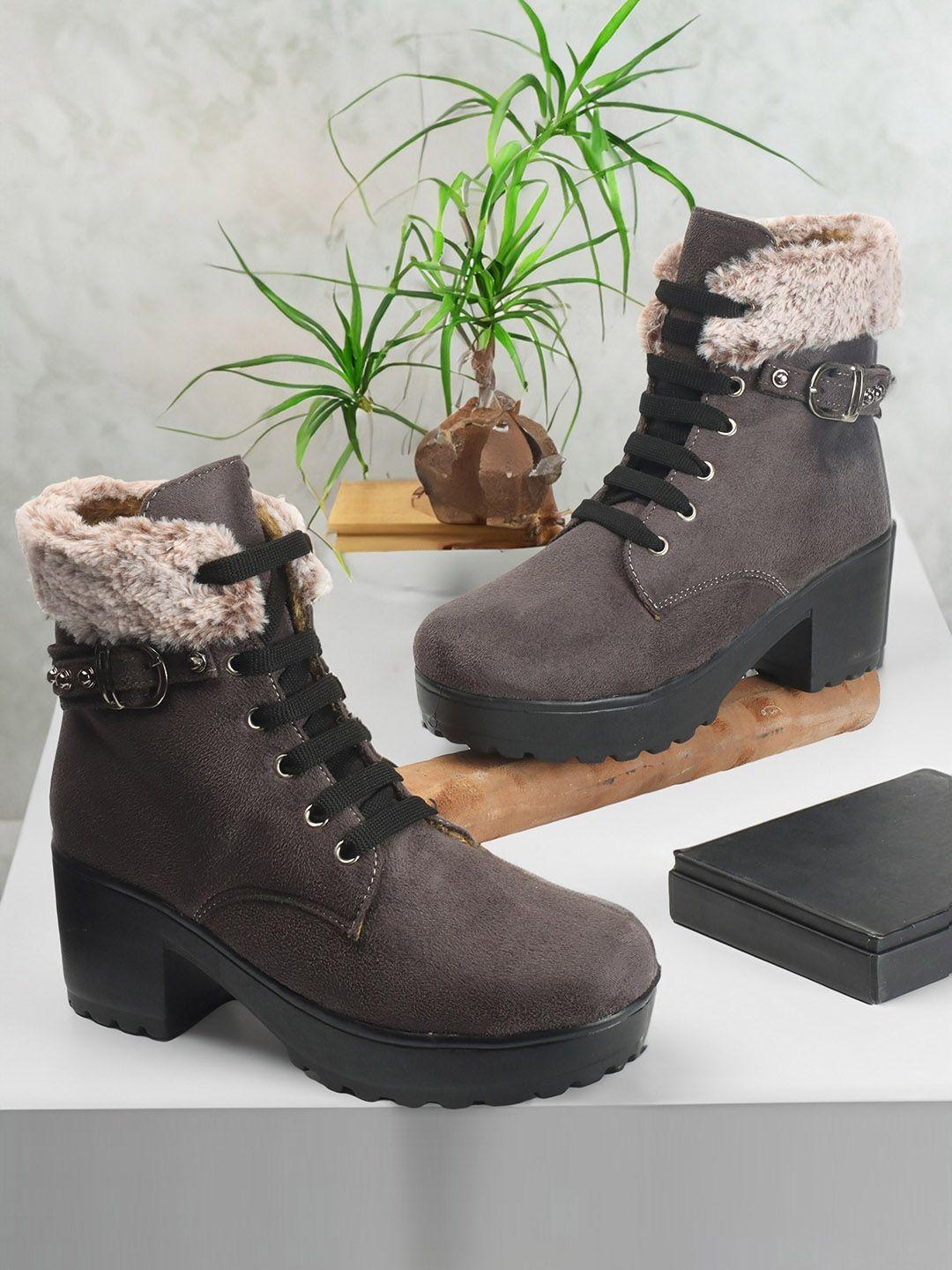 the roadster lifestyle co. women buckle detail faux fur trim heeled mid-top chunky boots