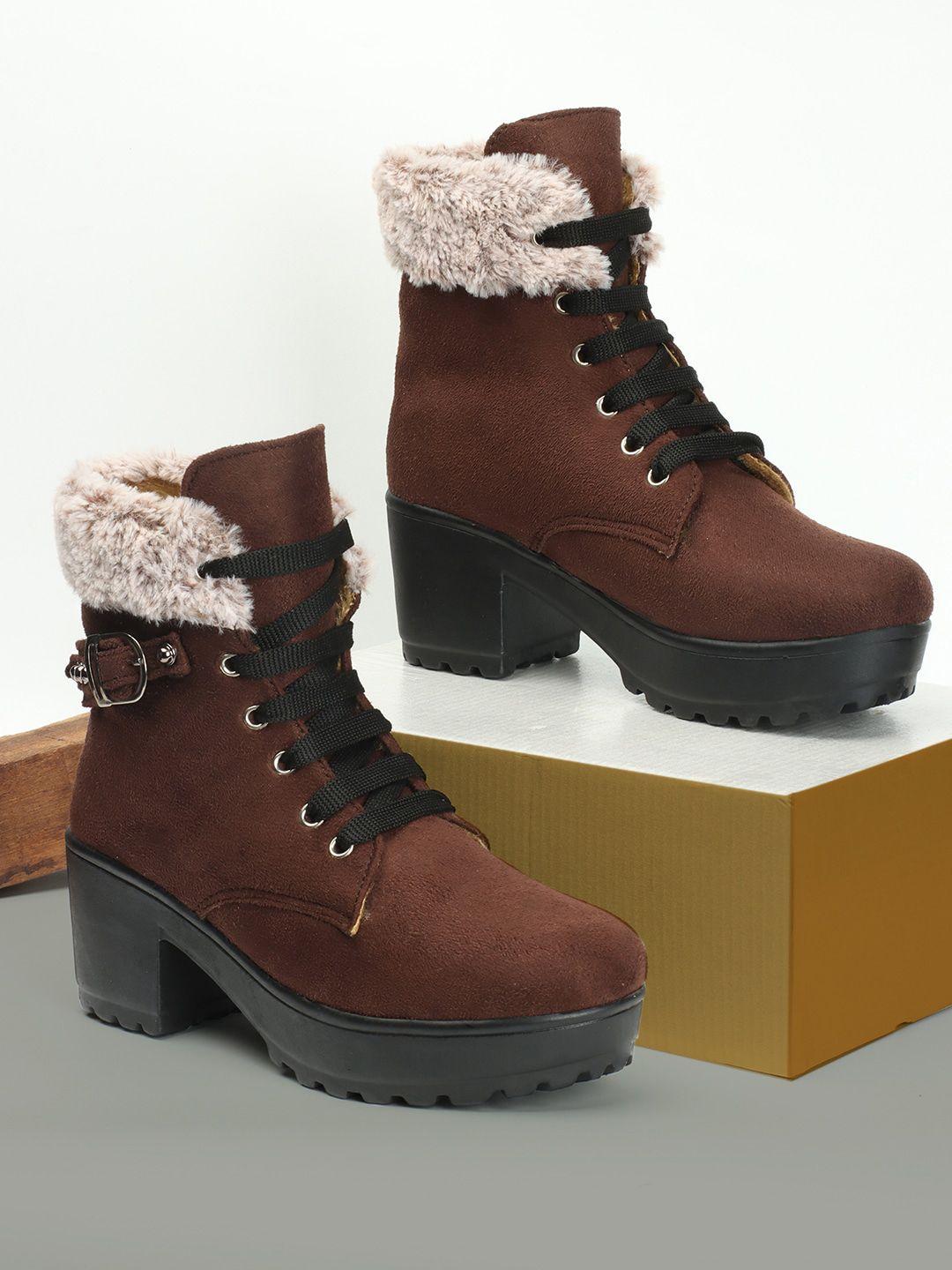 the roadster lifestyle co. women buckle detail faux fur trim heeled mid-top chunky boots