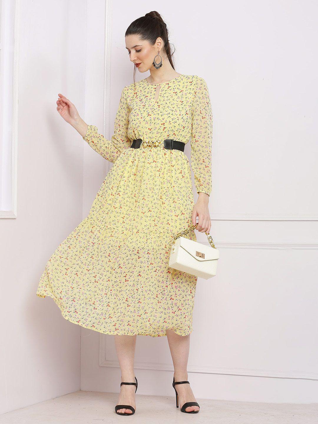 sqew floral printed puff sleeves fit & flare midi dress