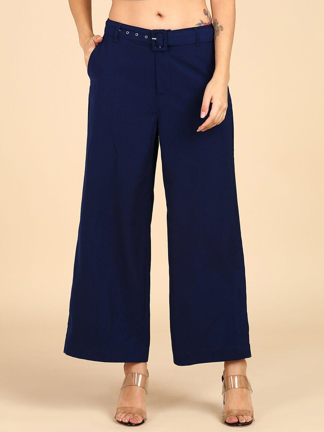 mast & harbour women navy blue smart flared parallel trousers