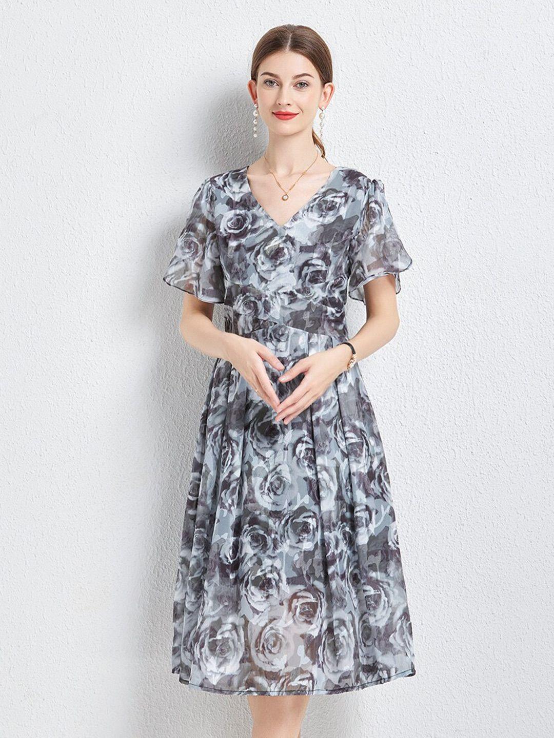 jc collection floral printed v-neck flared sleeves a-line midi dress