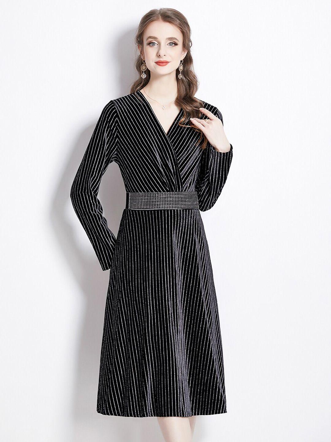 jc collection striped belt detailed v-neck a-line midi dress