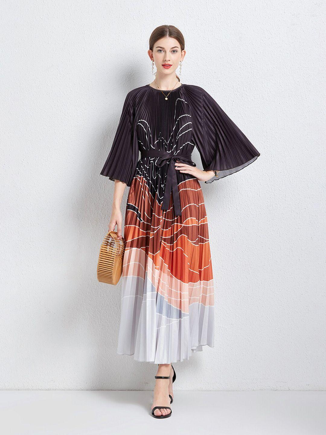 jc collection abstract printed flared sleeve accordion pleated maxi dress