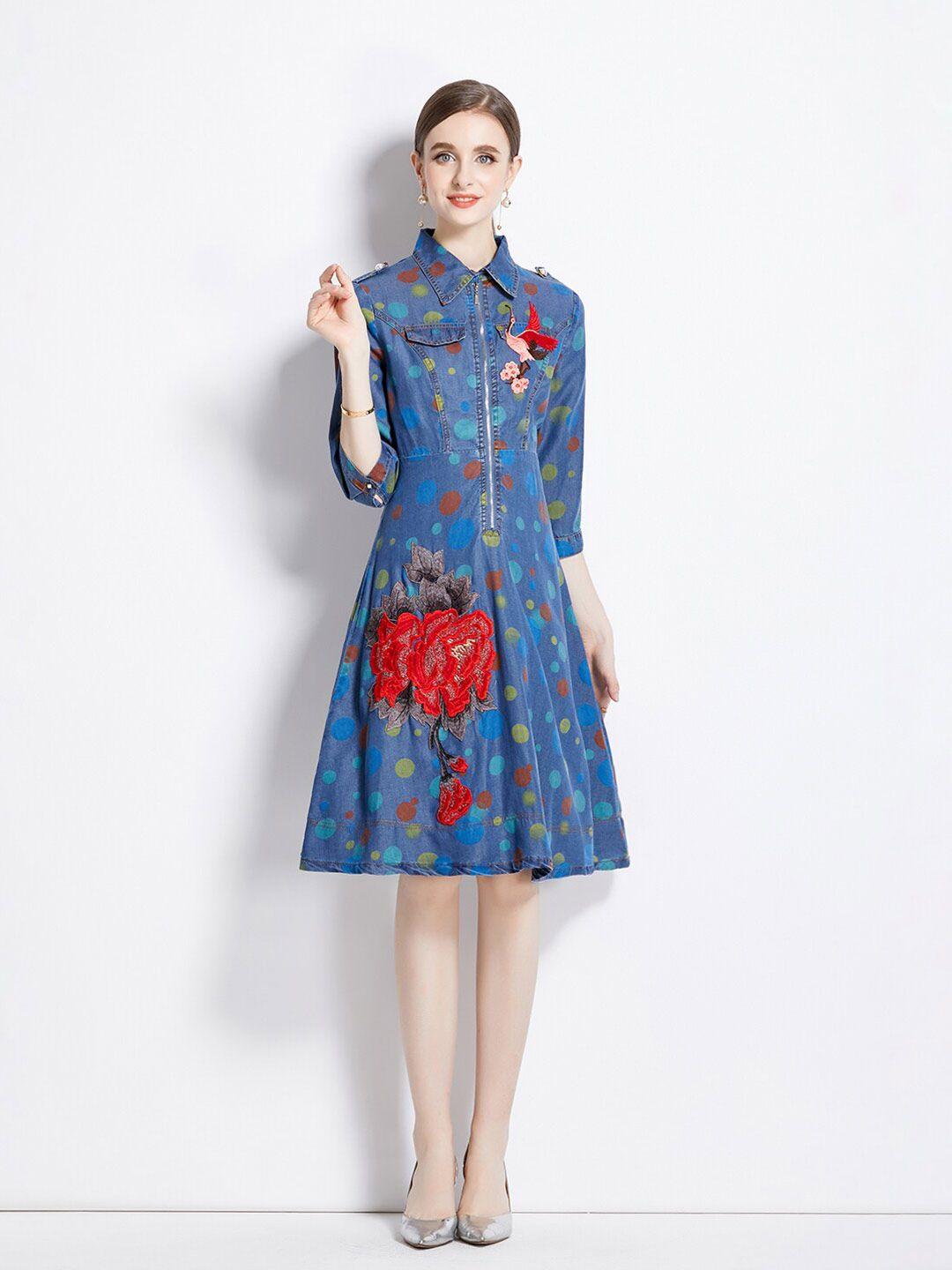 jc collection geometric printed cuffed sleeves floral applque shirt dress