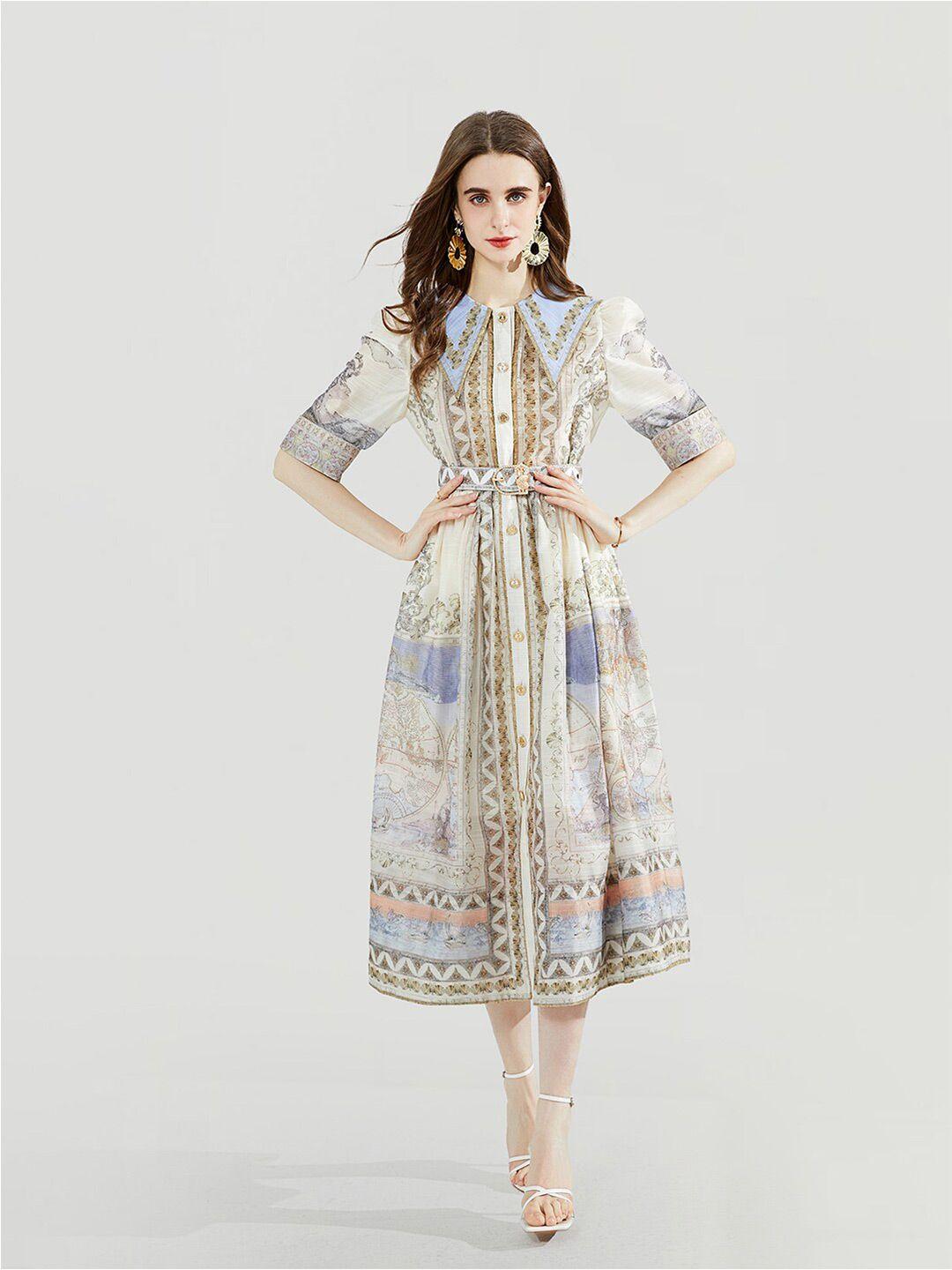 jc collection ethnic motifs printed above the keyboard collar gathered shirt midi dress