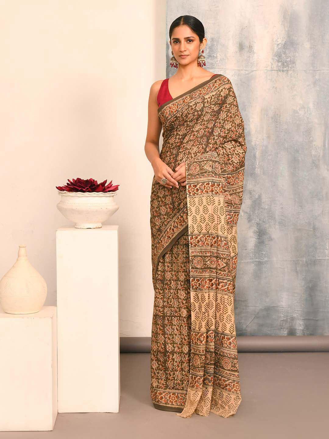 indethnic kalamkari printed pure cotton block print saree