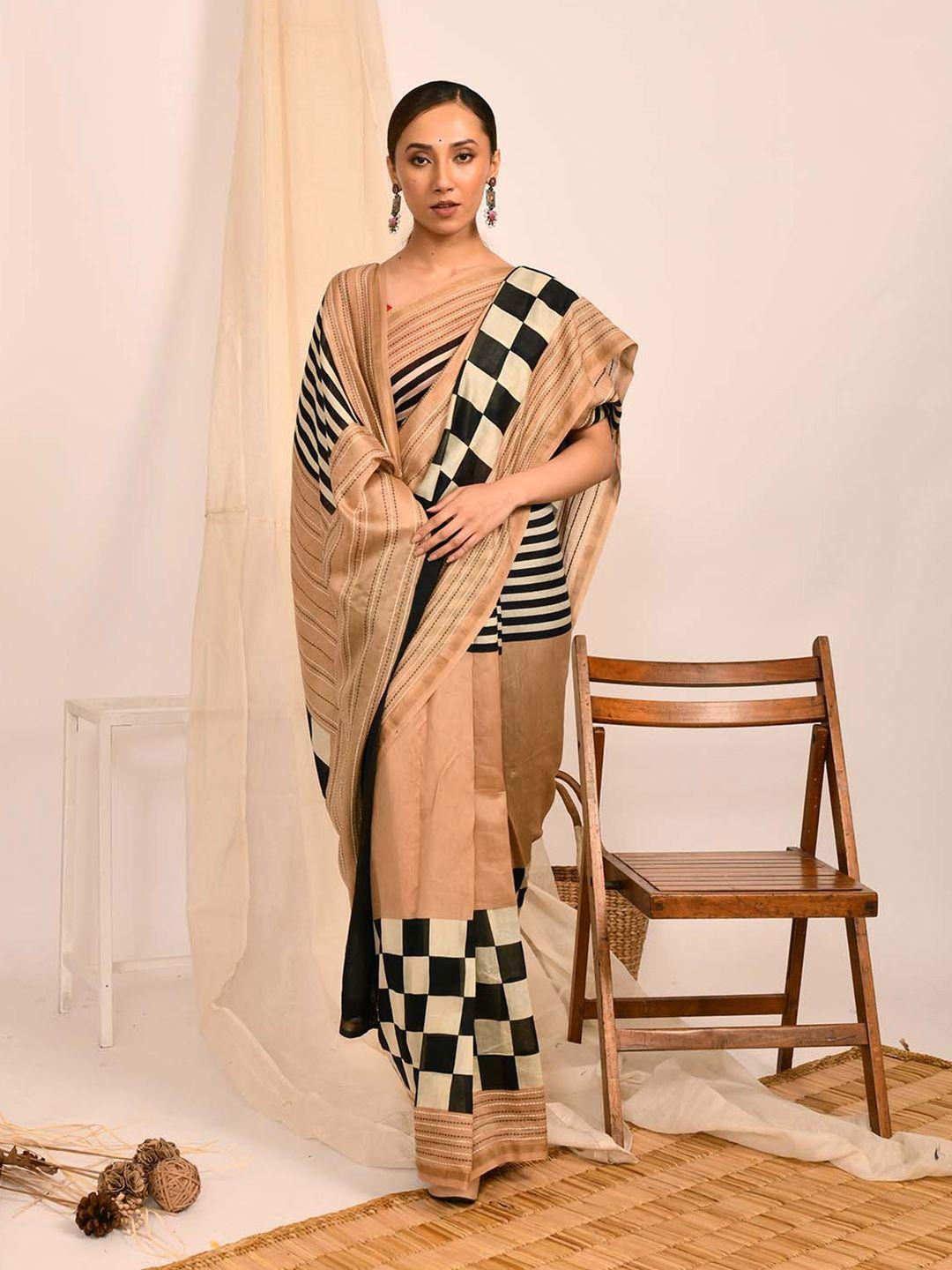 indethnic striped silk cotton chanderi saree