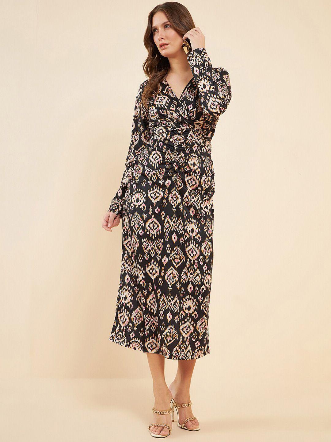 antheaa black ethnic motifs printed v-neck a-line midi dress