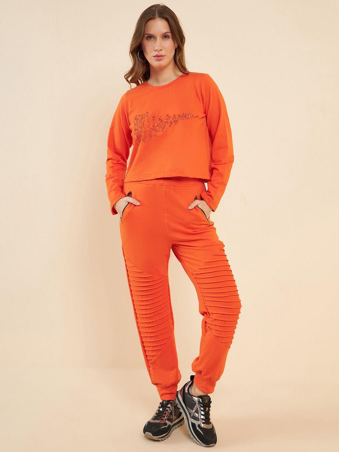 antheaa orange embellished crop top with pintuck detailed joggers