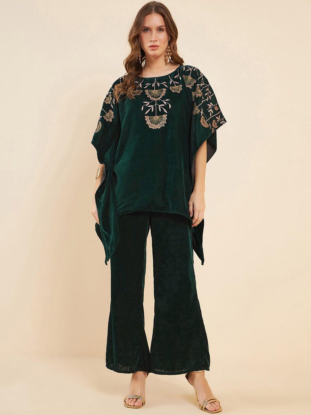 antheaa green floral embroidered tunic & flared trousers