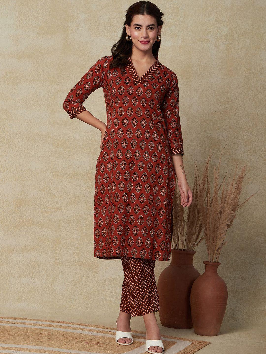 fashor floral printed mirror work pure cotton kurta with trousers