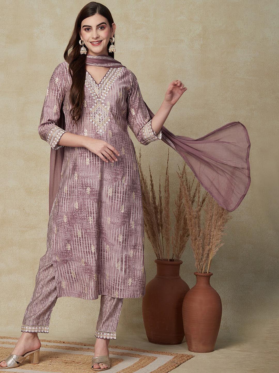 fashor ethnic motifs printed thread work kurta with trousers & dupatta