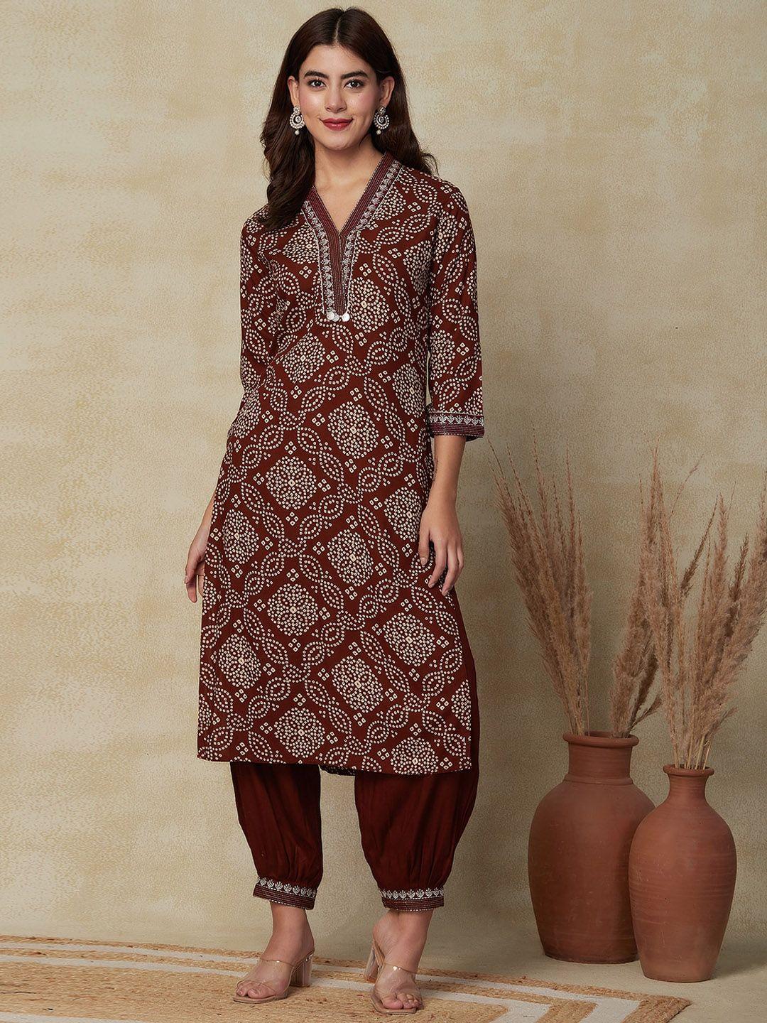 fashor bandhani printed thread work kurta with salwar