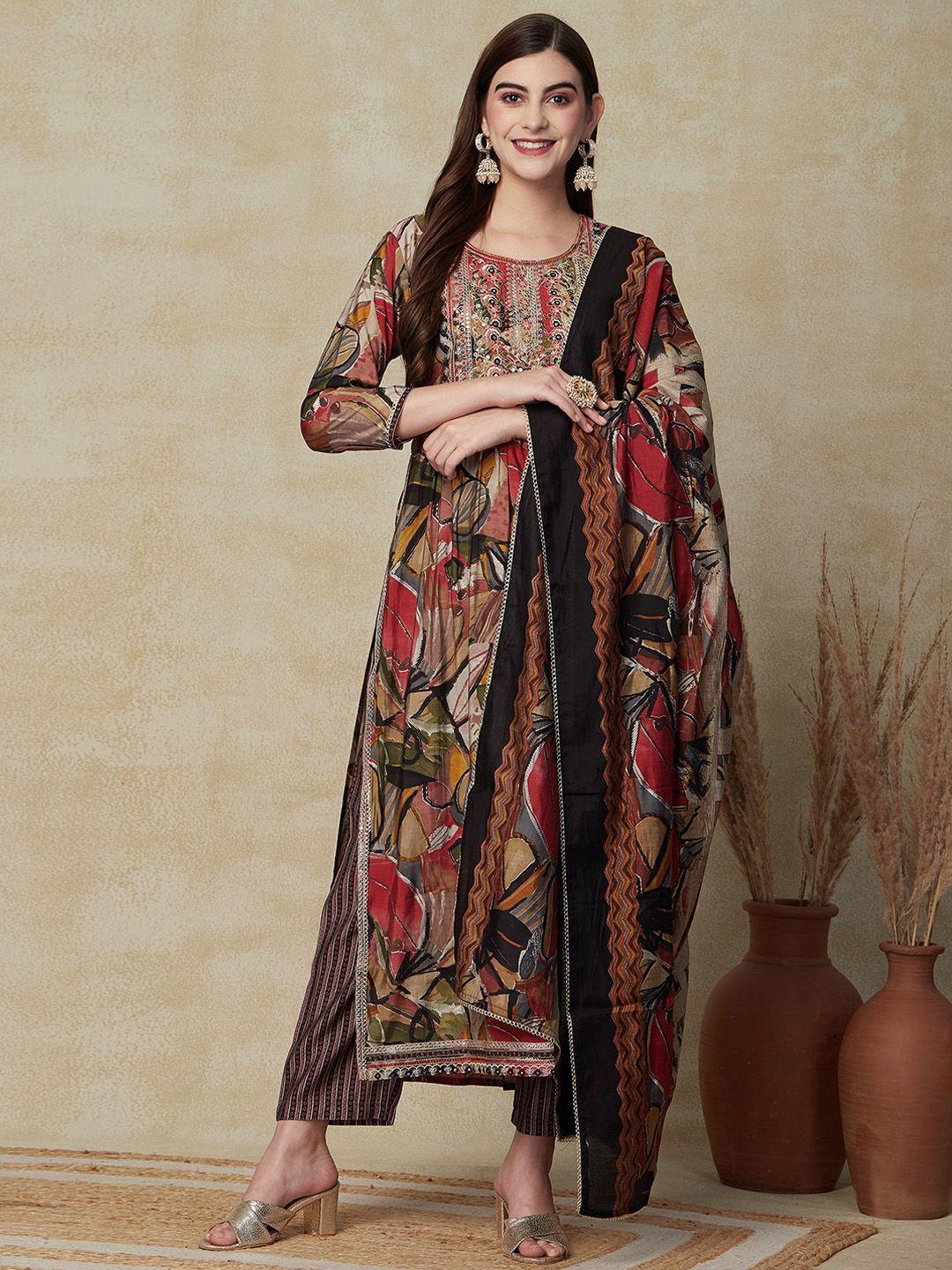 fashor printed mirror work a-line kurta with trousers & dupatta