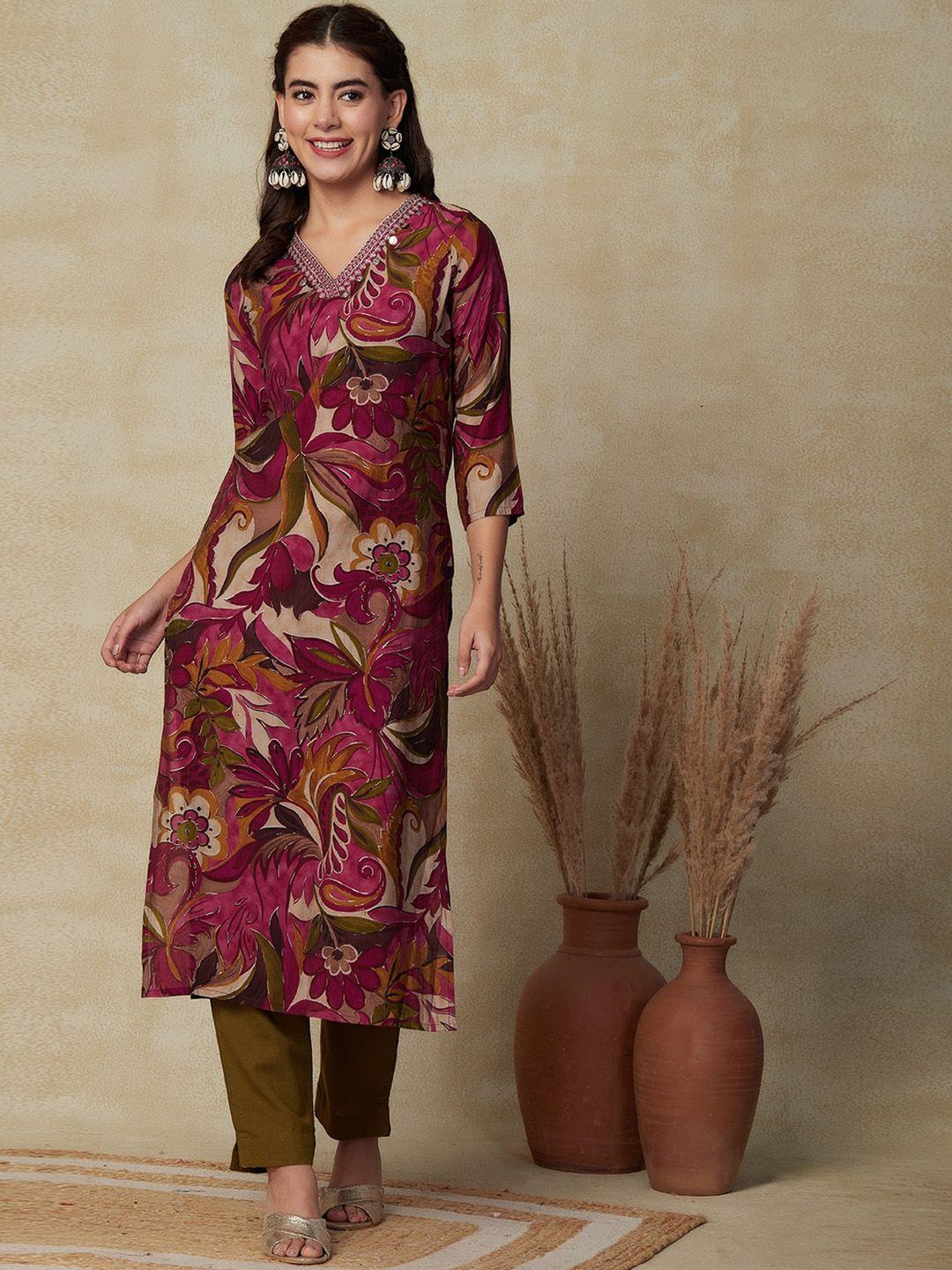 fashor floral embroidered v-neck straight kurta