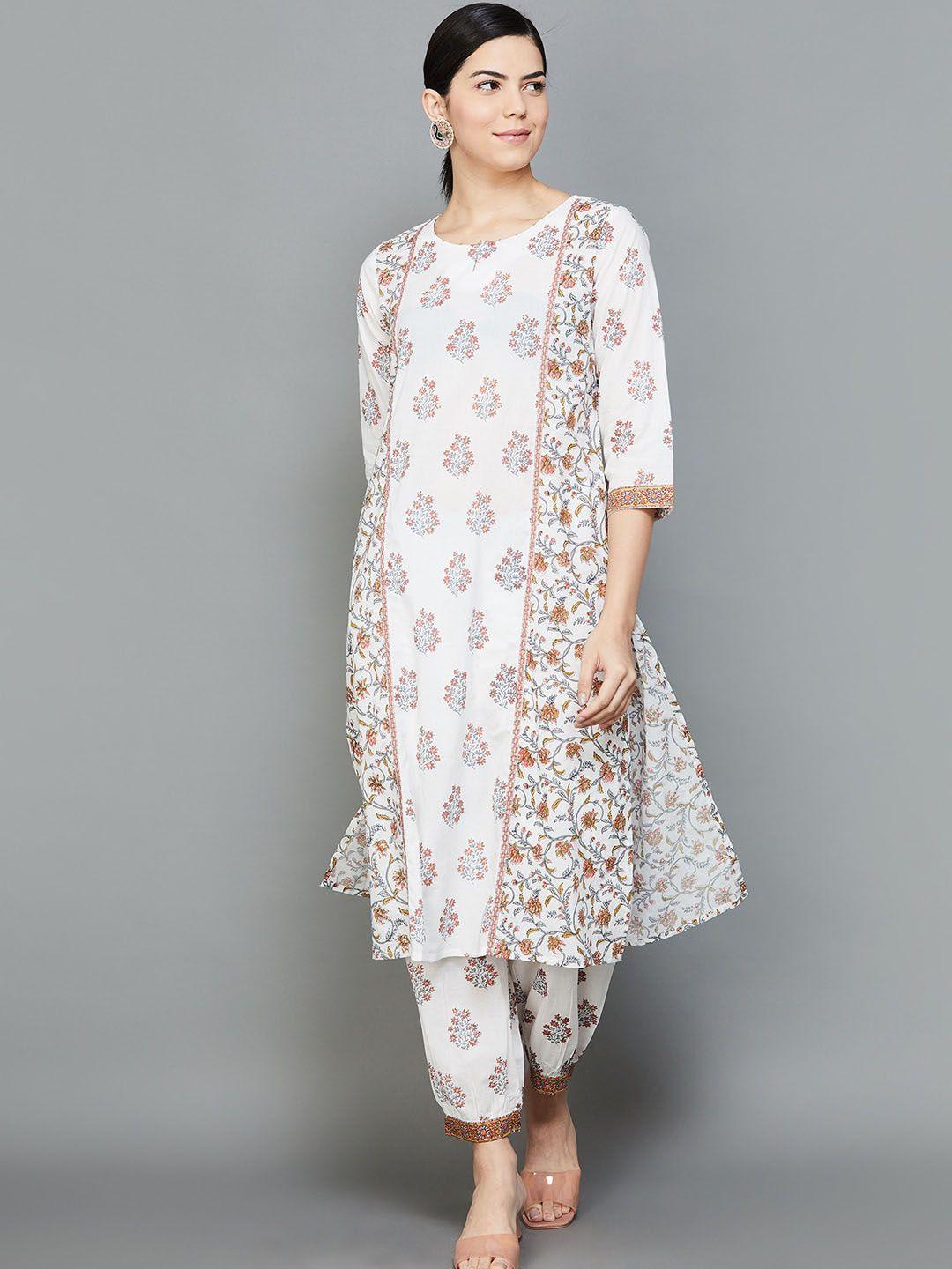 melange by lifestyle ethnic motifs printed pure cotton panelled kurta with salwar