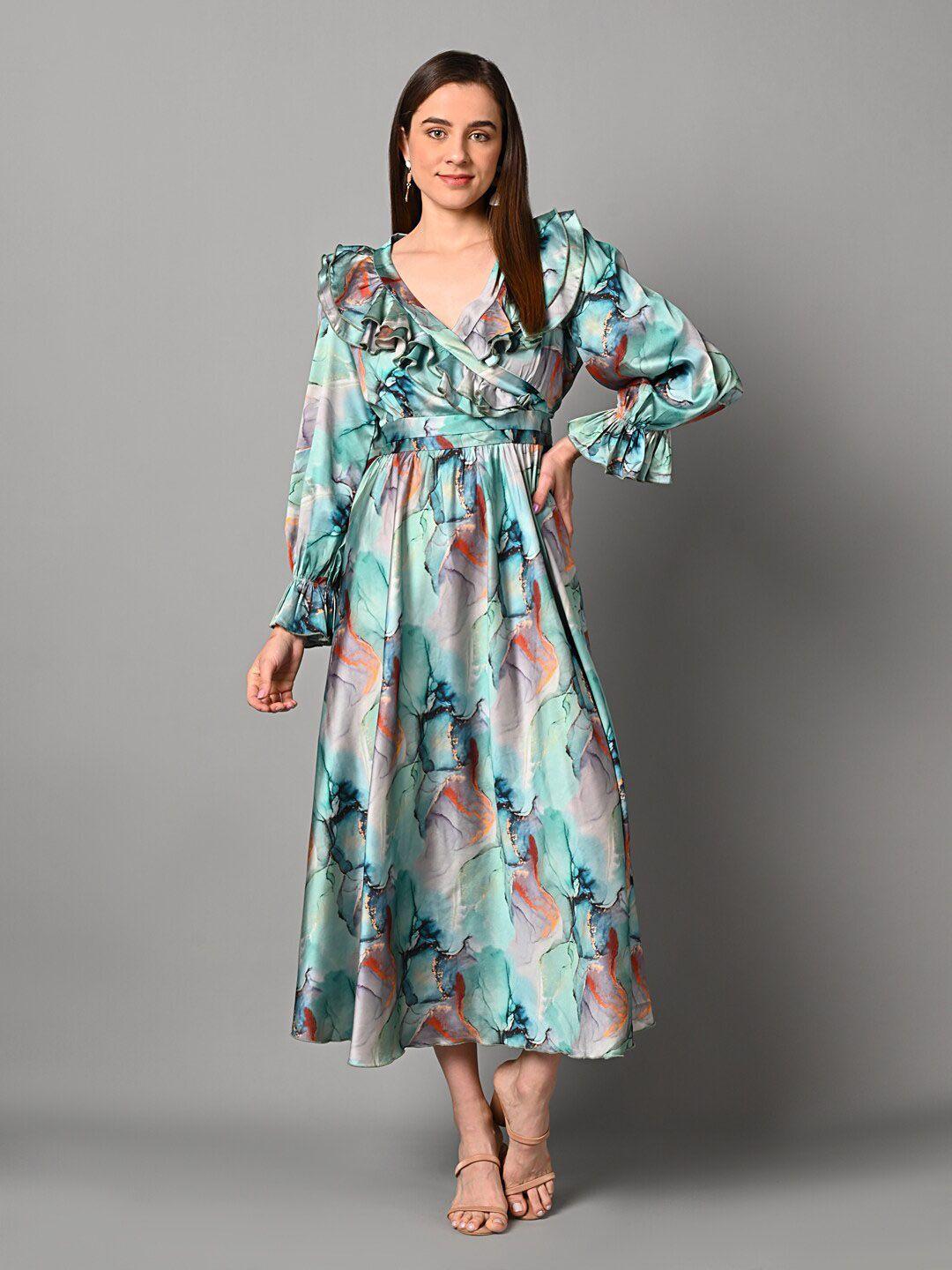 justin whyte abstract printed puff sleeves gathered wrap midi dress