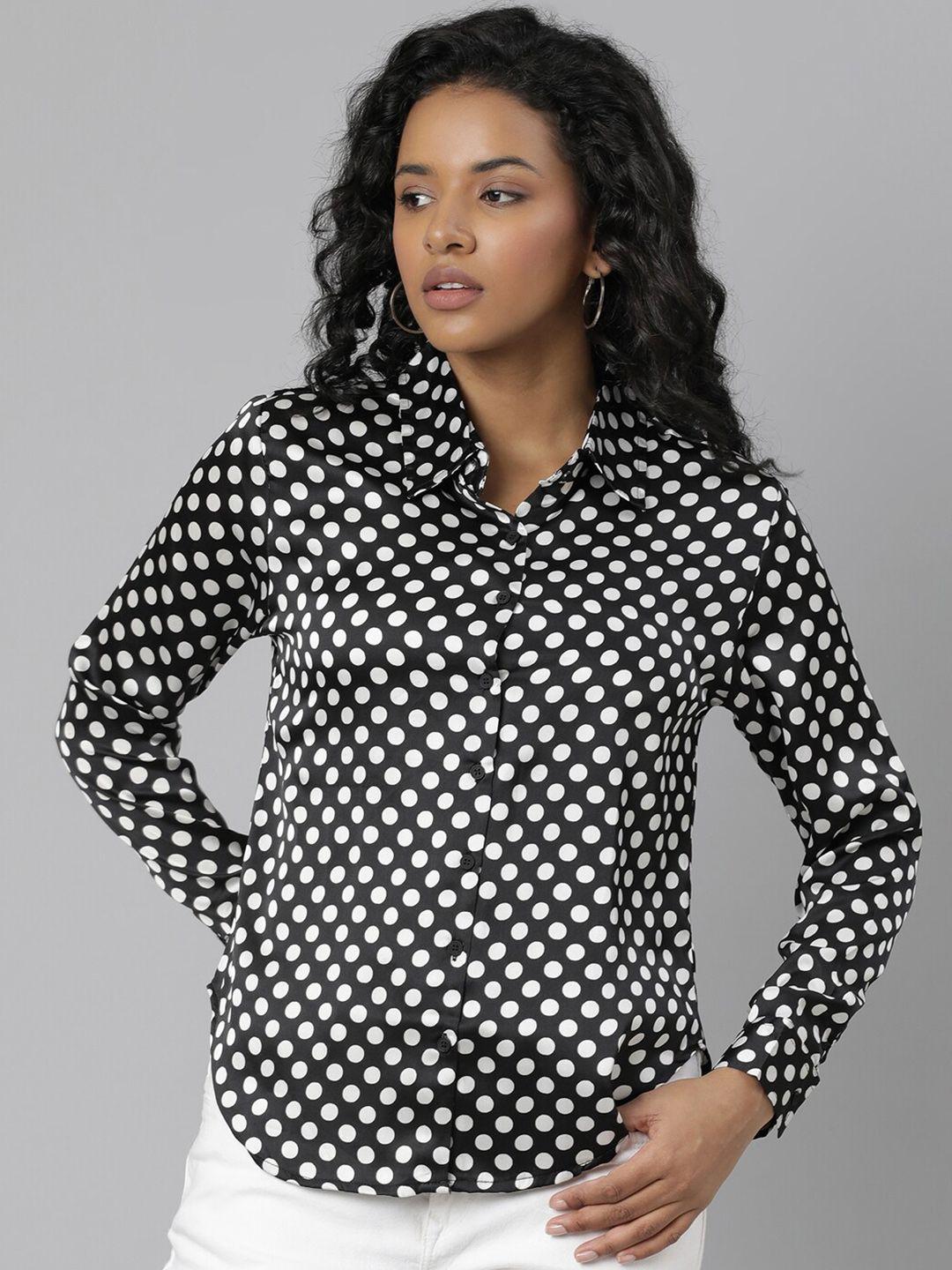 showoff standard slim fit polka dots printed satin casual shirt