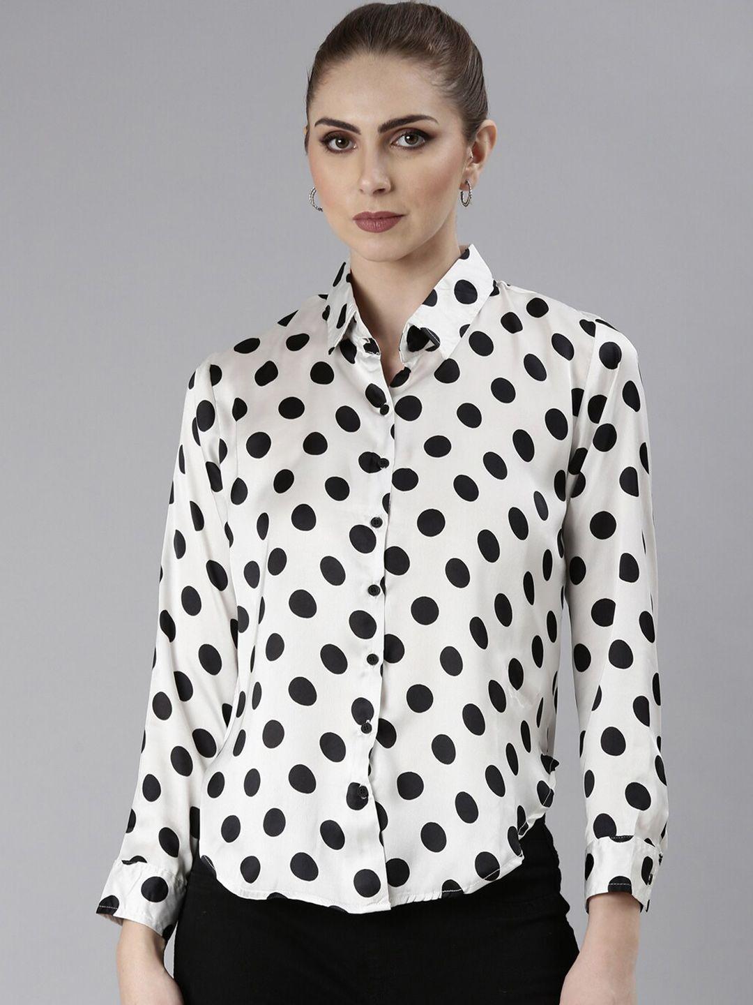 showoff standard slim fit polka dot printed satin casual shirt