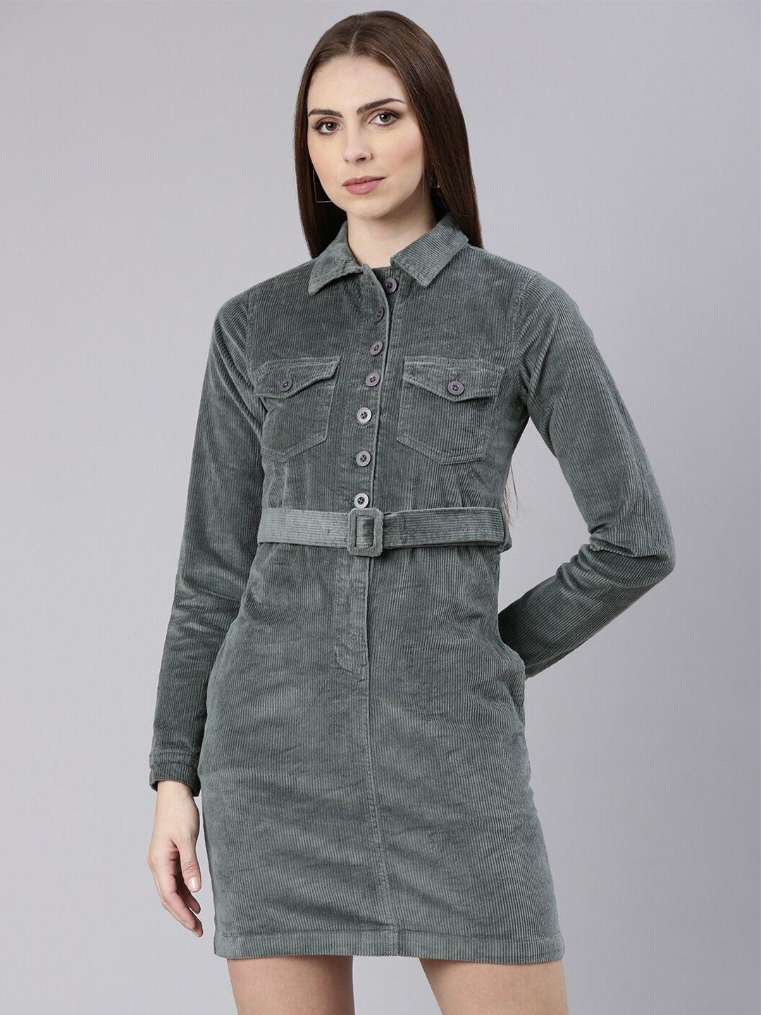 showoff shirt collar cuffed sleeve belted shirt dress