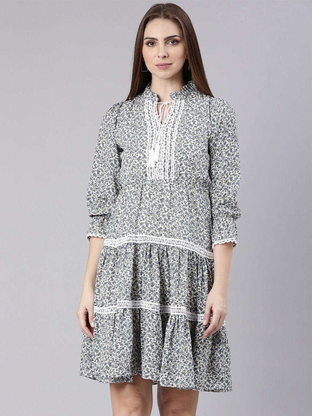 showoff floral printed tie-up neck puff sleeves fit & flare dress