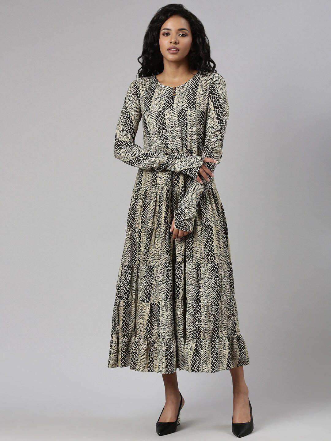 showoff abstract printed cotton fit and flare midi dress