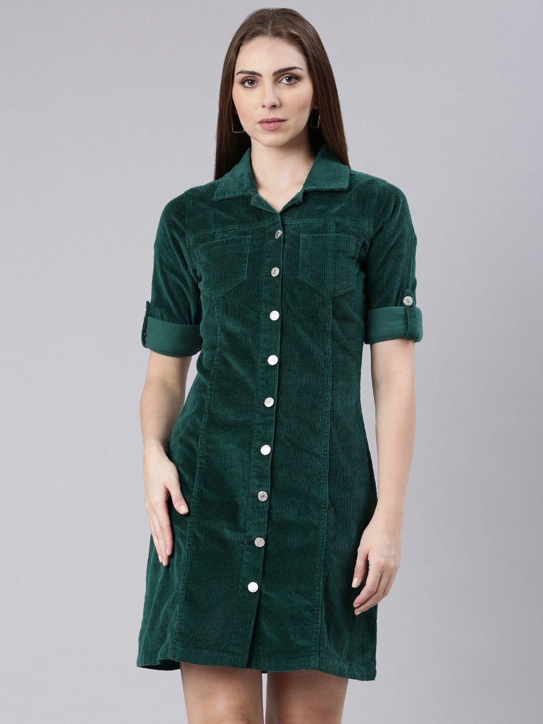 showoff shirt collar roll up sleeve corduroy shirt dress