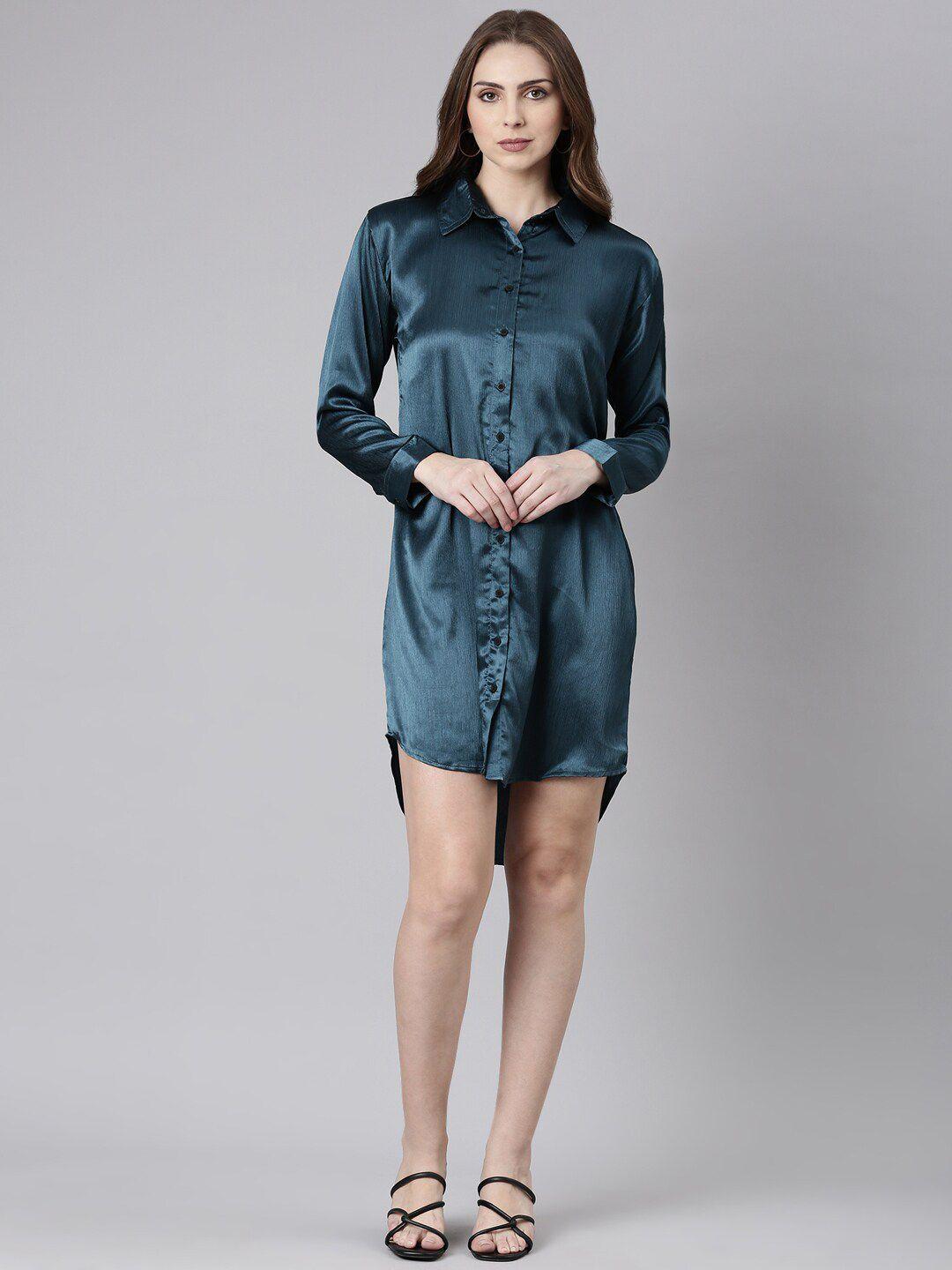 showoff cuffed sleeves satin shirt style dress