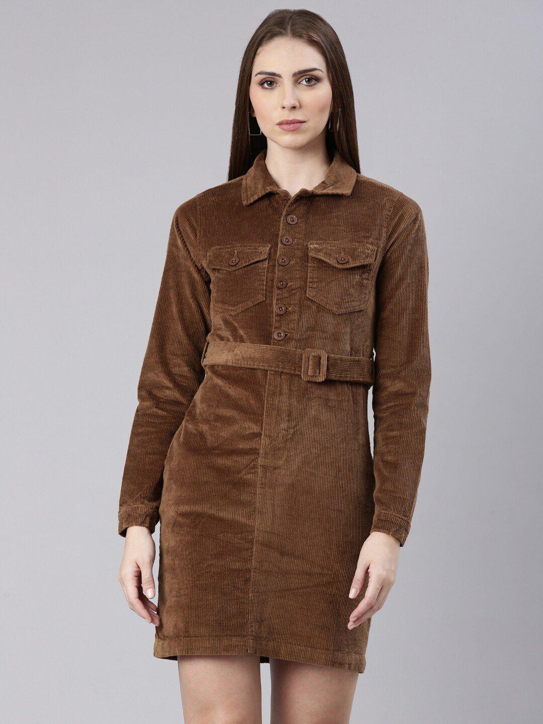 showoff shirt collar belted cotton mini shirt dress