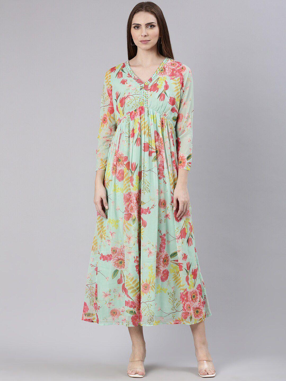 showoff floral printed v-neck empire midi dress