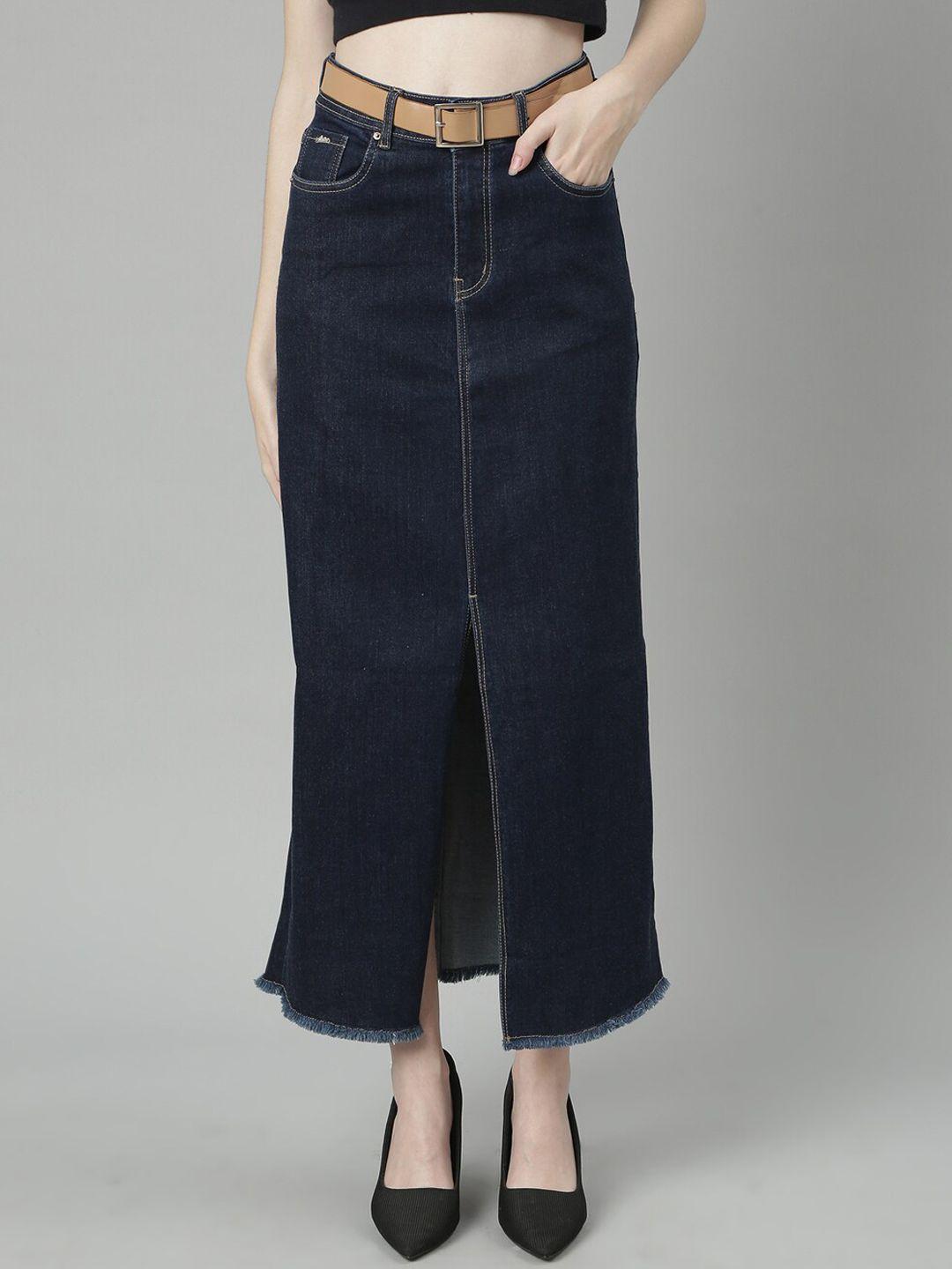 showoff front-slit fringed hem denim a-line skirt