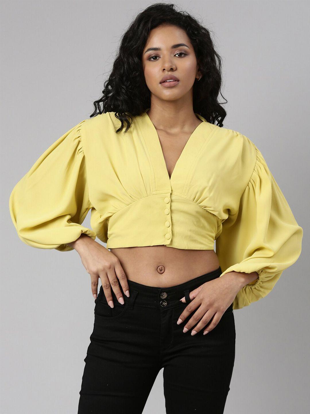 showoff v-neck puff sleeve acrylic shirt style crop top