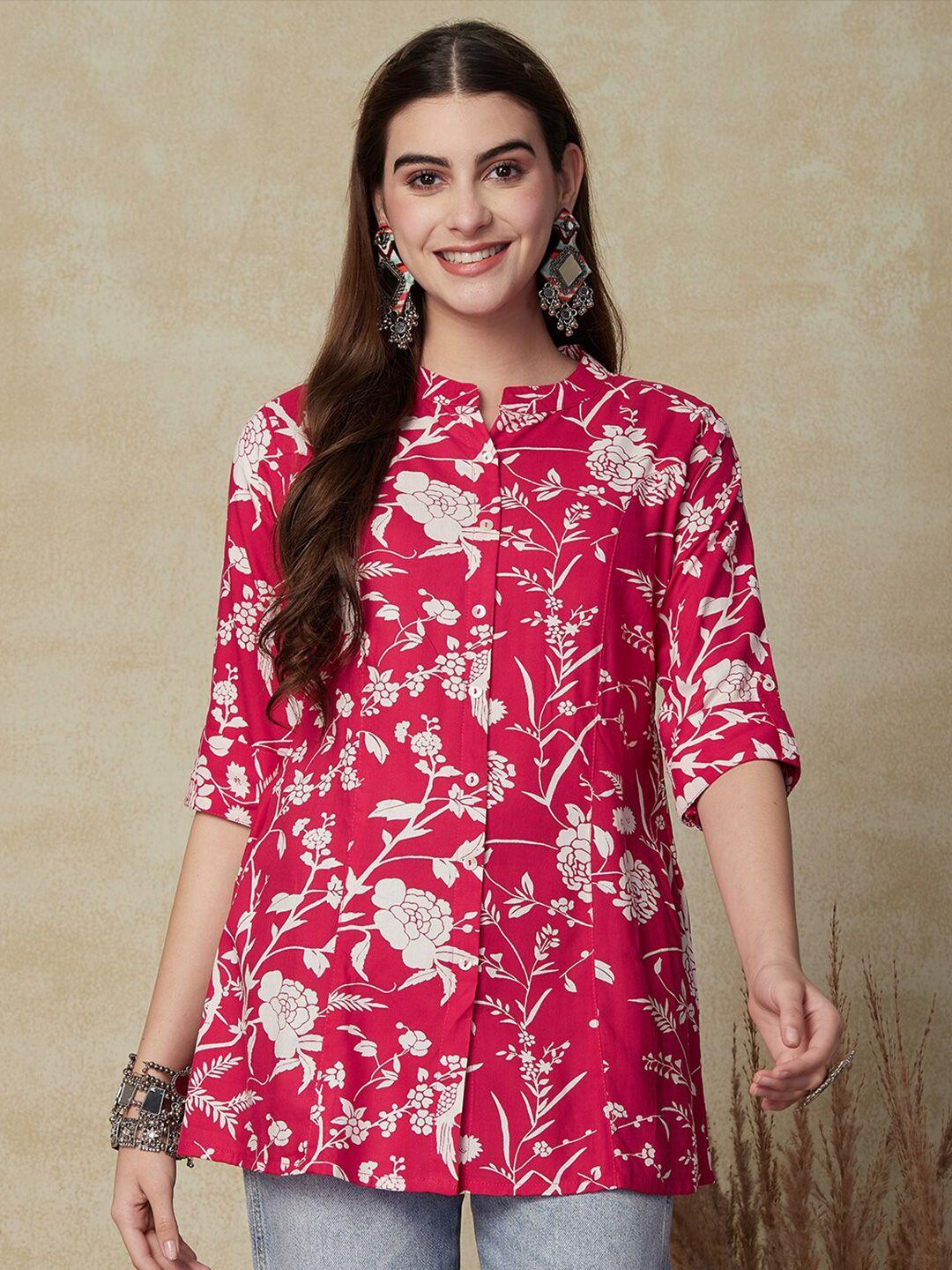 fashor fuchsia floral printed mandarin collar roll up sleeves a-line kurti