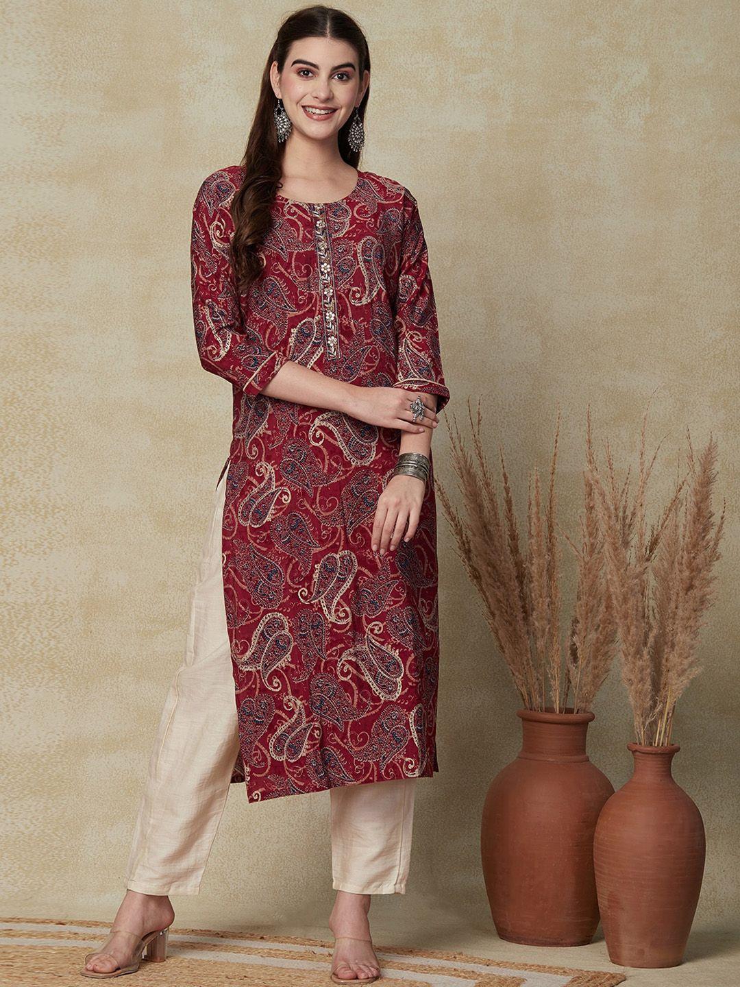 fashor paisley printed mirror work straight kurta