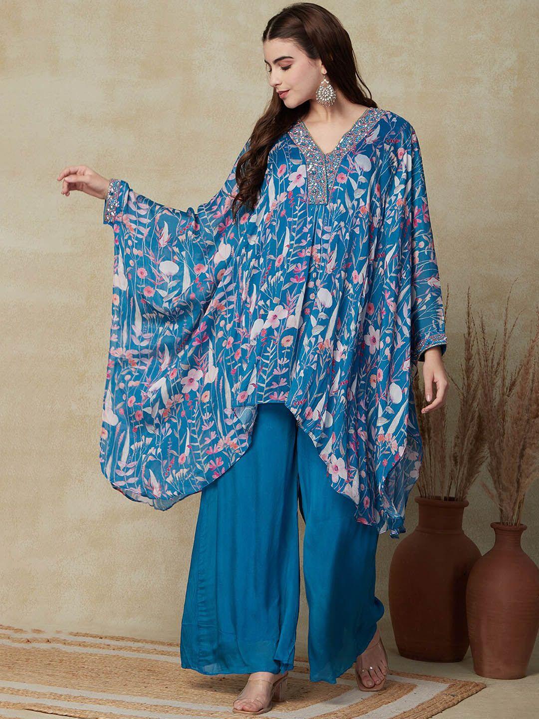 fashor floral printed flared sleeves sequinned kaftan kurta with palazzos