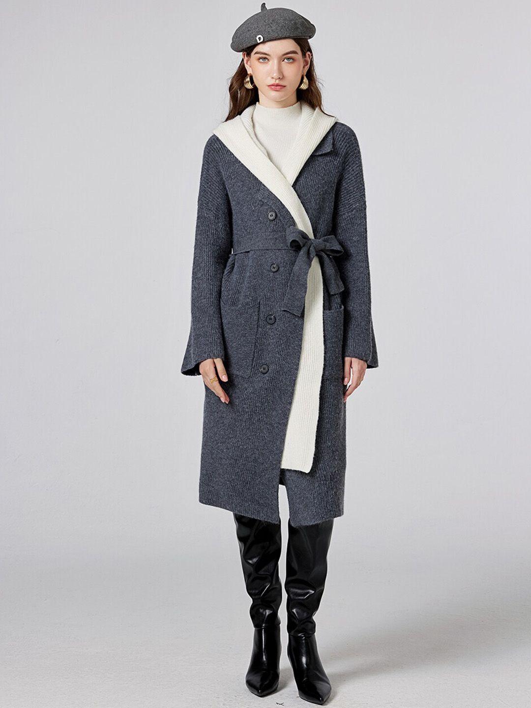 jc collection self design shawl collar belted longline over coat