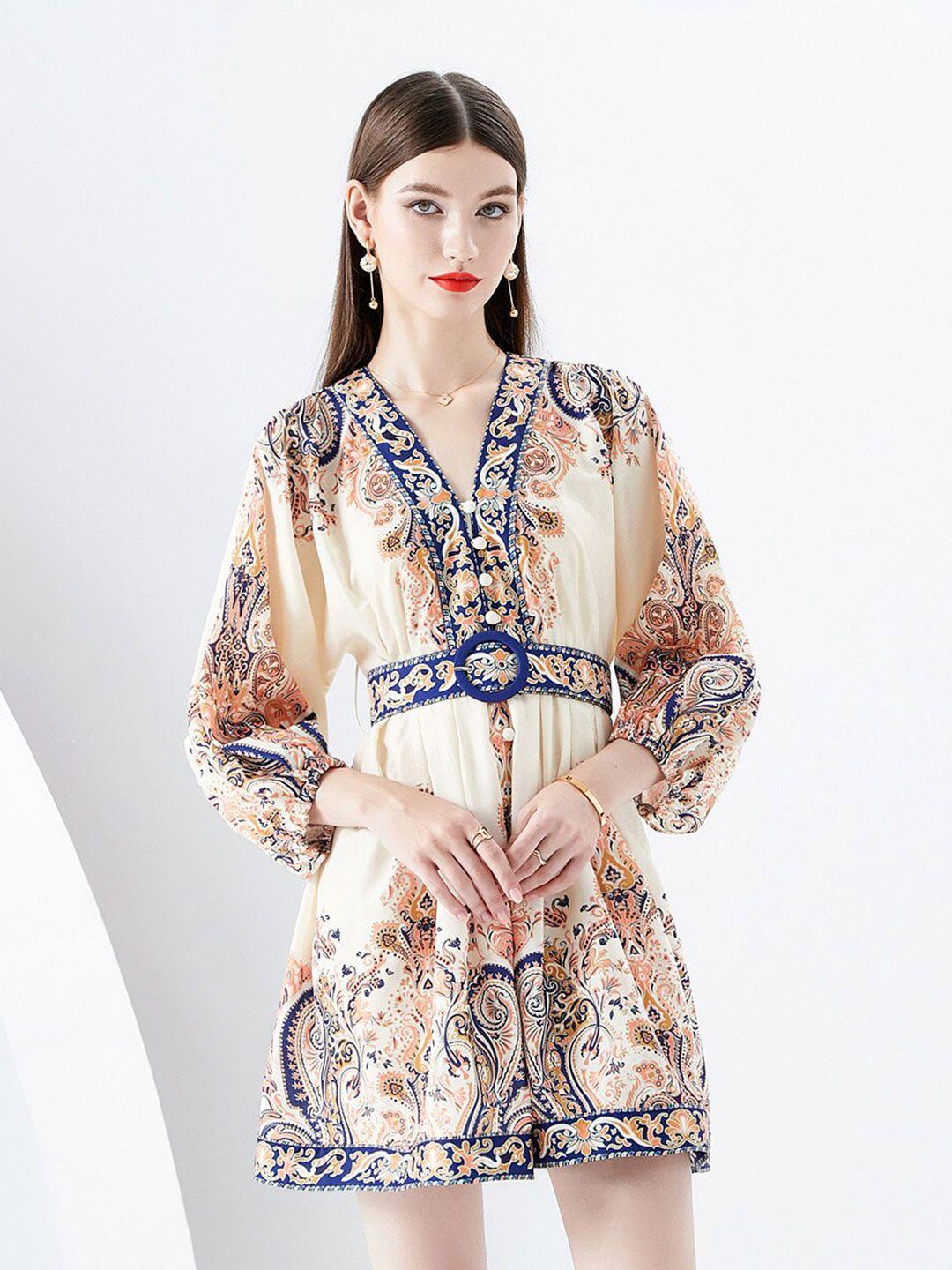 jc collection ethnic motifs printed v-neck puff sleeves a-line dress