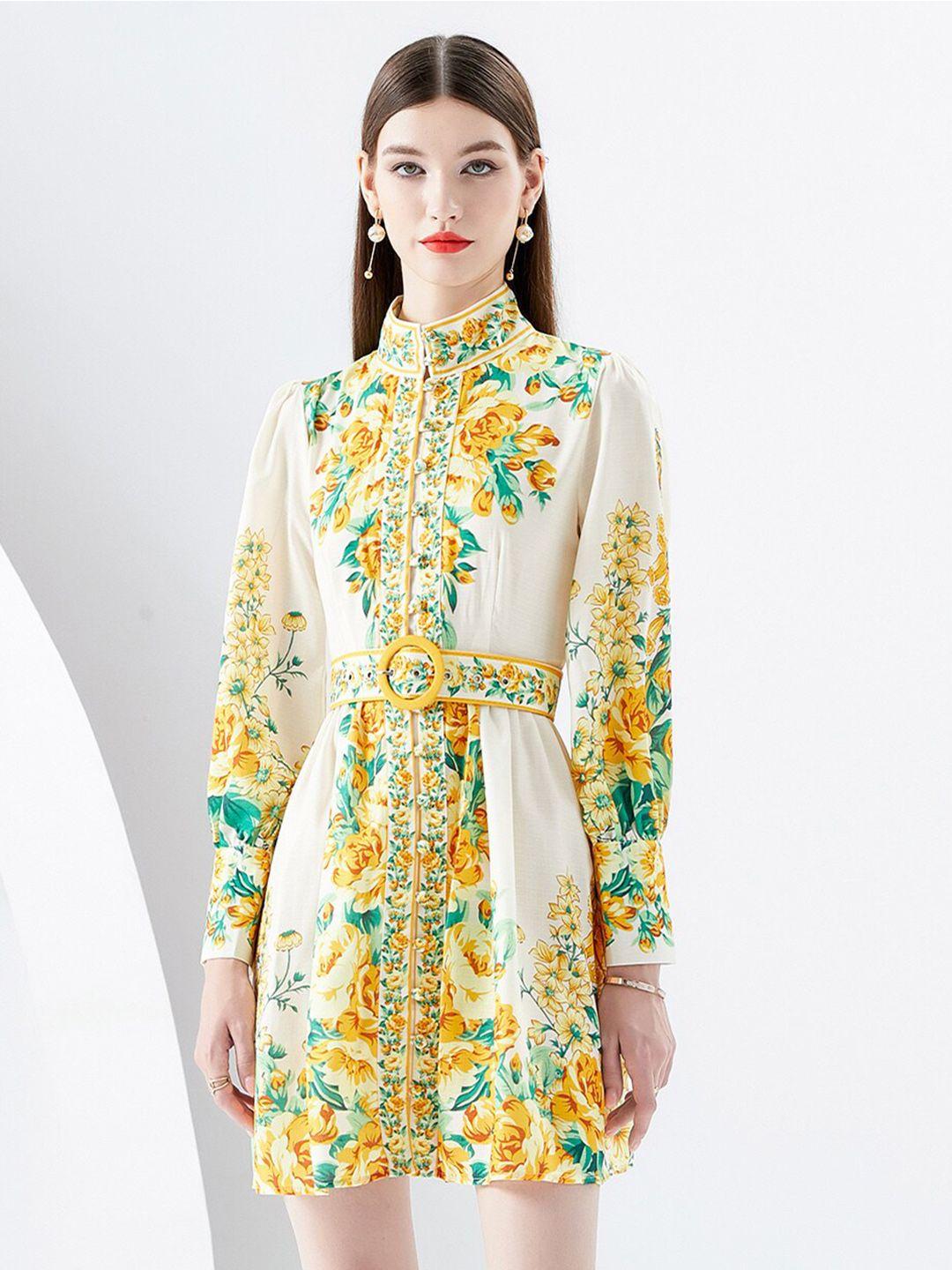 jc collection floral printed high neck long sleeve fit & flare dress