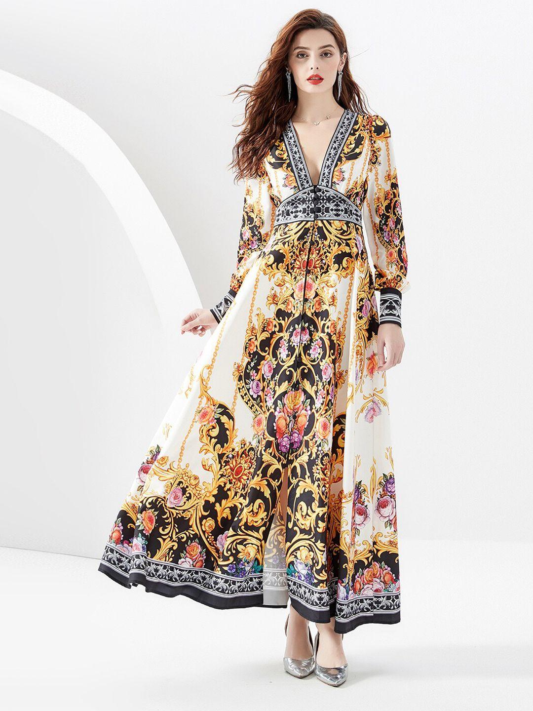 jc collection ethnic motifs printed v-neck cuffed sleeves gathered maxi dress