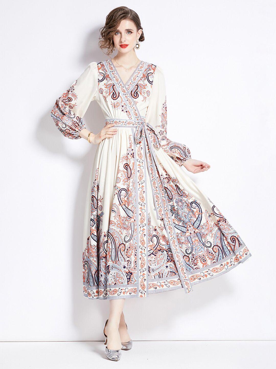 jc collection ethnic motifs printed puffed sleeves wrap midi dress