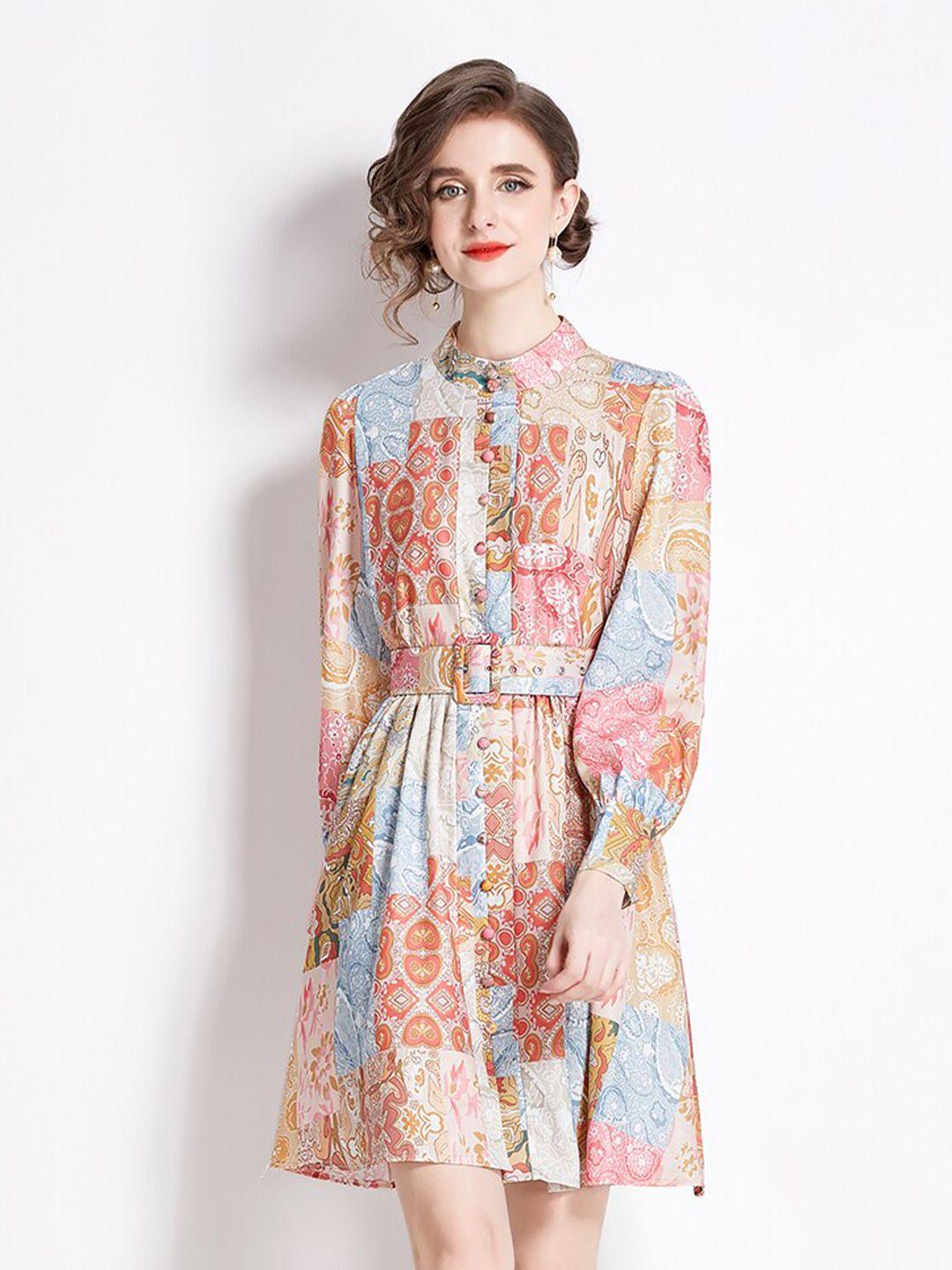 jc collection ethnic motif printed high neck fit and flare dress