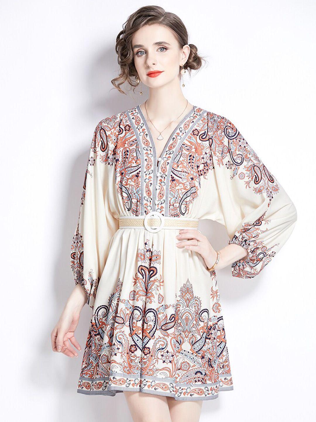 jc collection ethnic motifs printed puffed sleeves fit and flare dress