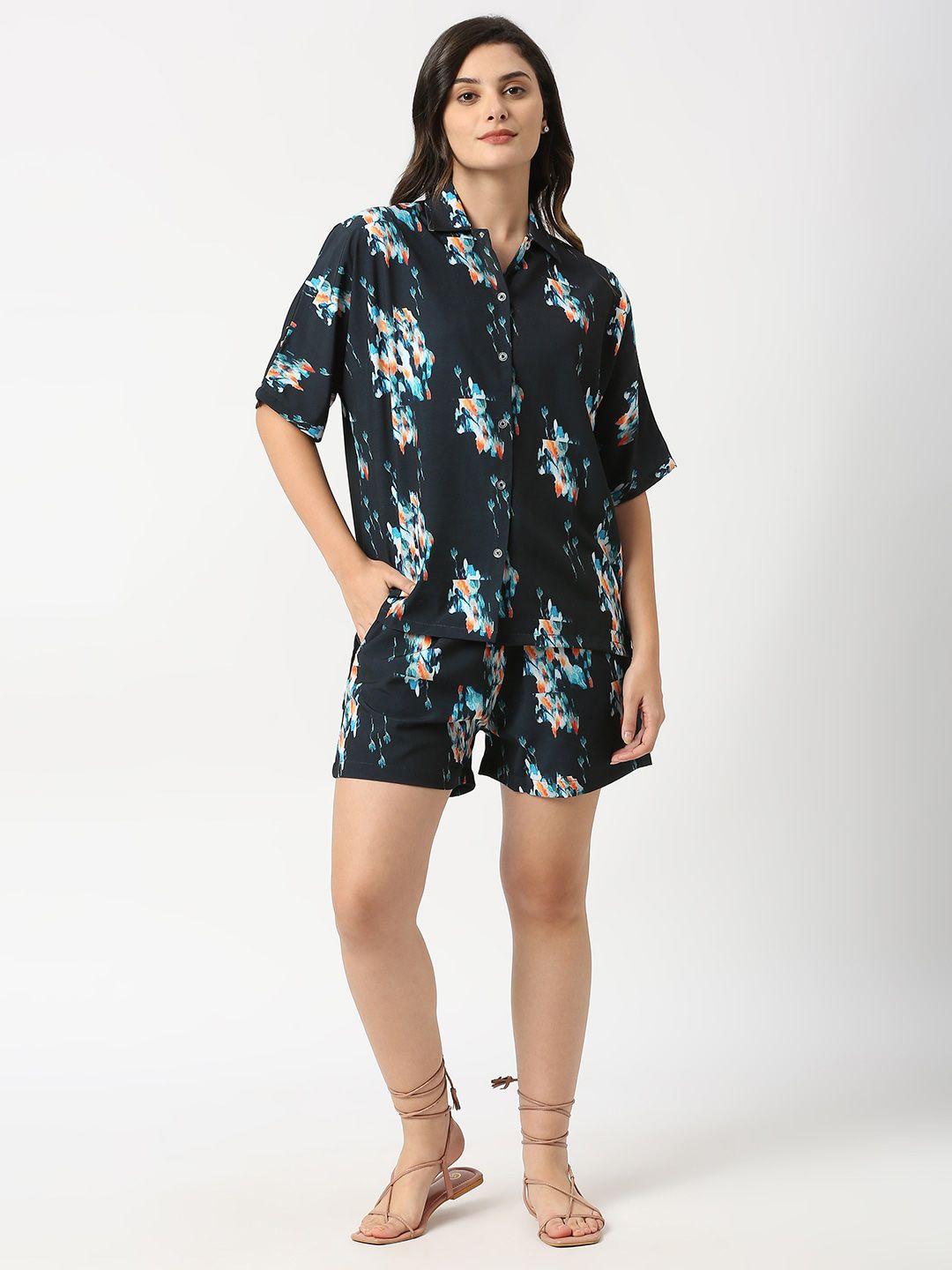 anwaind black abstract printed shirt with short co-ords