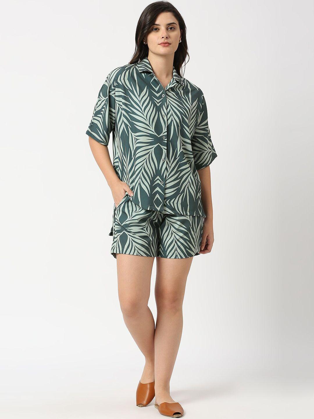 anwaind olive green topical printed shirt with short co-ords