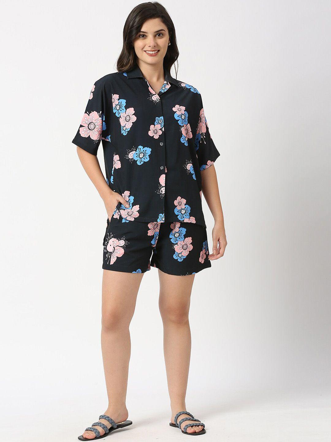 anwaind black floral printed shirt with short co-ords