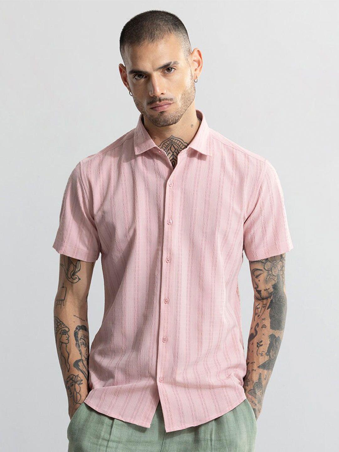 snitch pink classic slim fit striped casual shirt