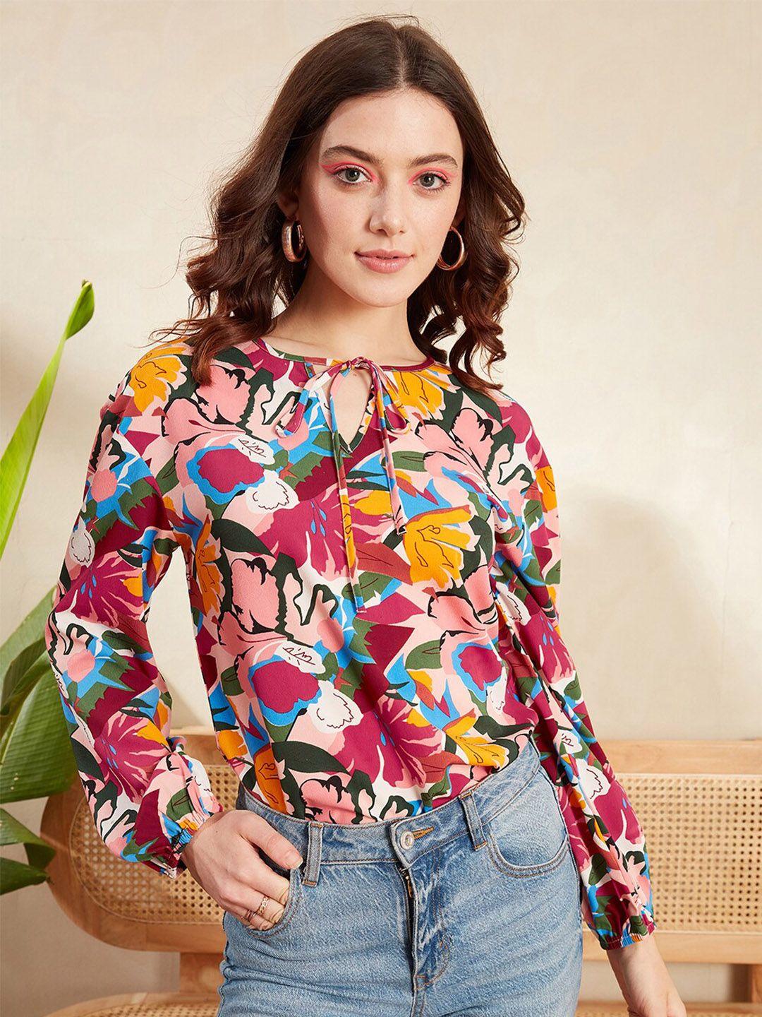 berrylush floral printed tie-up neck top