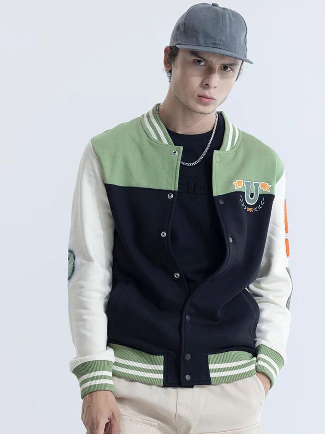 snitch green colourblocked lightweight varsity jacket