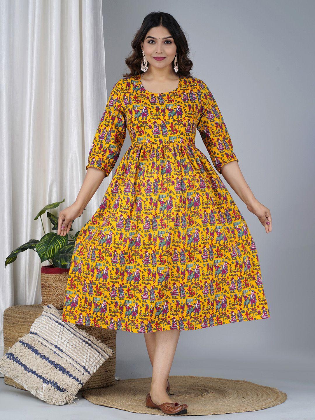 baesd ethnic motifs printed maternity fit & flare midi ethnic dress